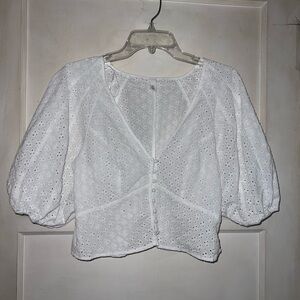 H&M White Puff Sleeve Eyelet embroidered Blouse